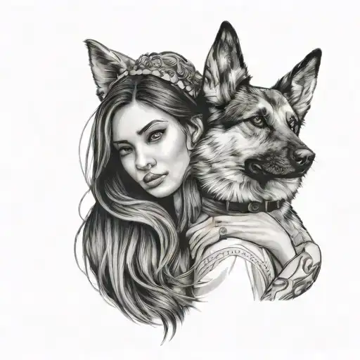 Beautiful long eye-lashed long haired Mexican girl hugging German Shepard with eyes clothes and sentimental tattoo design idea