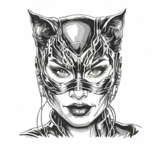Create a Catwoman image (as if the image was torn in half) front version sexy face expression background tattoo design idea