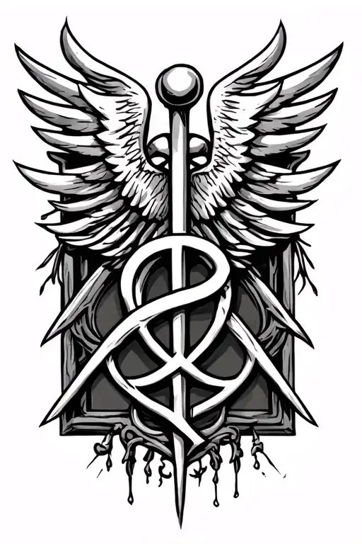 caduceus symbol combined with deathly hallows symbol tattoo design idea