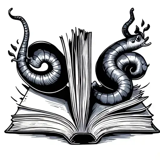 Book: Open, slightly tilted, with its pages fluttering like it’s alive.	•	Bookworm: A cute, curvy little worm with a fr tattoo design idea