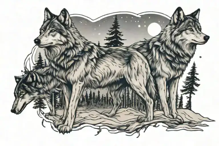 wolf pack aurora borealis forest lower back tattoo design idea