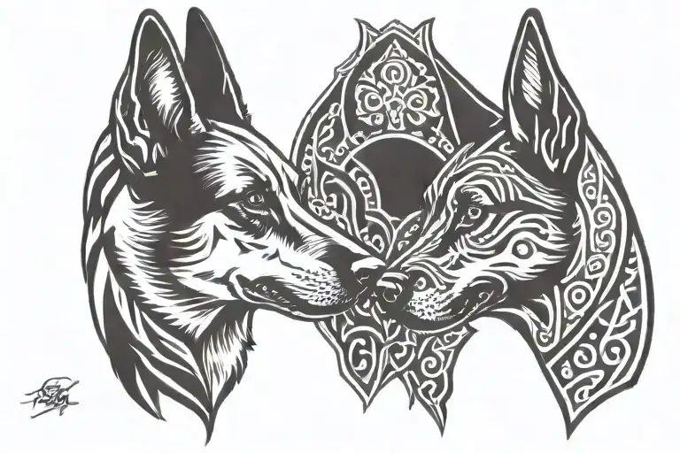 two Belgian malinois, with heads looking towards each other, in viking art style tattoo design idea