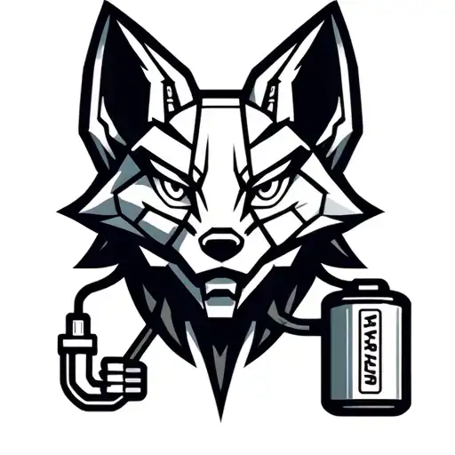 Mechanical fox head logo. Fox head is plugged into a battery. Low detail, simple design. tattoo design idea