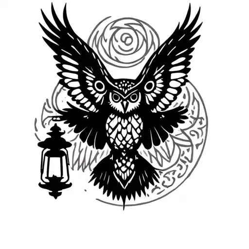owl in flight with a lantern in talons tattoo design idea
