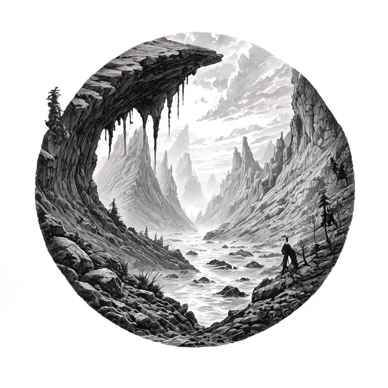 dark cave, landscape, in the style of "dauntes inferno" illustrated by "gustave dore" tattoo design idea