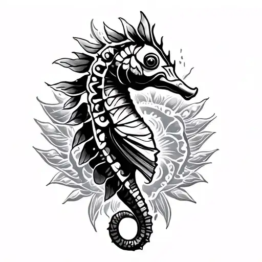 bass cleff, seahorse, Cherokee tribal sleeve tattoo design idea