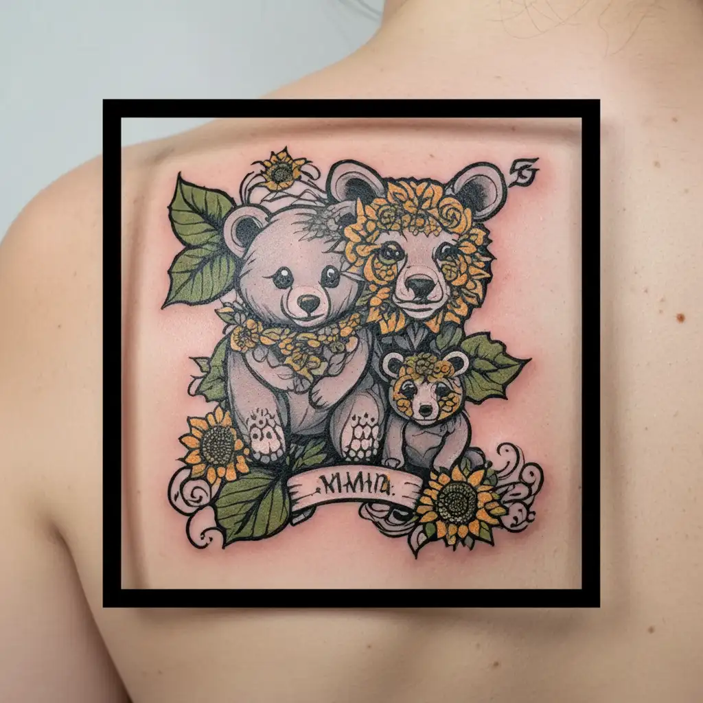Sunflower mama bear and baby bear tattoo design idea