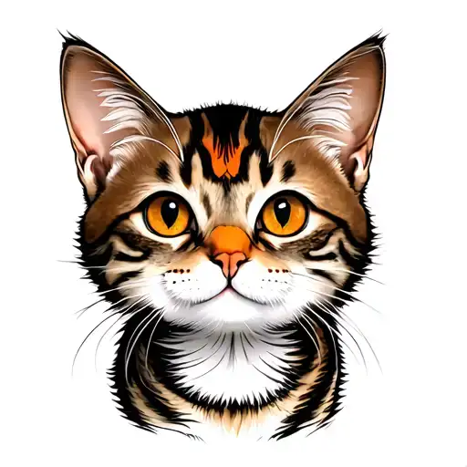 skinny female brown tabby cat, short hair, white hair on belly and chest, orange spot on head, white paws, black stripes tattoo design idea
