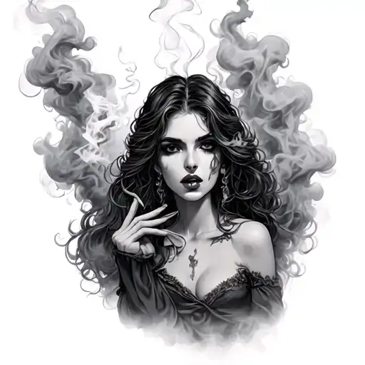 lilith smoking joint surrounded by smoke tattoo design idea