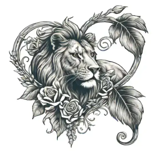 heart protected by lion paw, vines with Lillie's and roses showing life journey  tattoo design idea