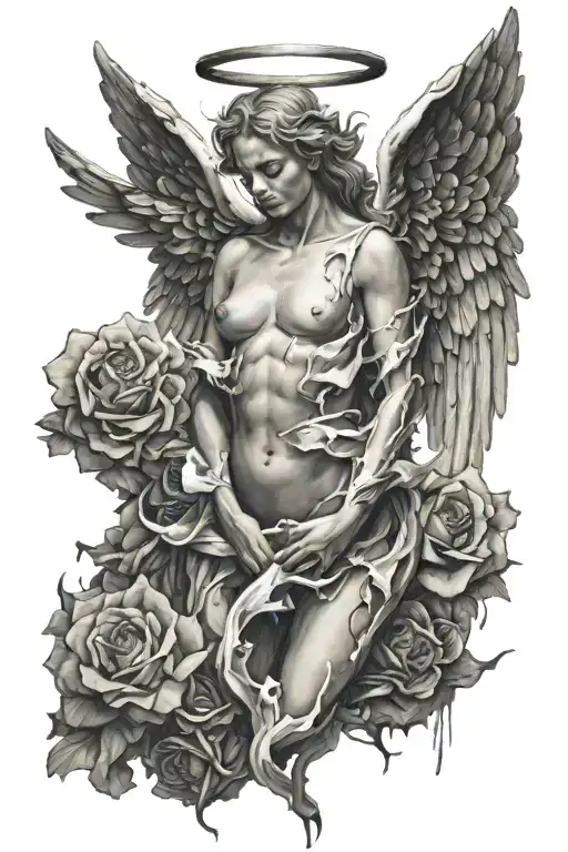 angel with tattered wings ripping open its head tattoo design idea