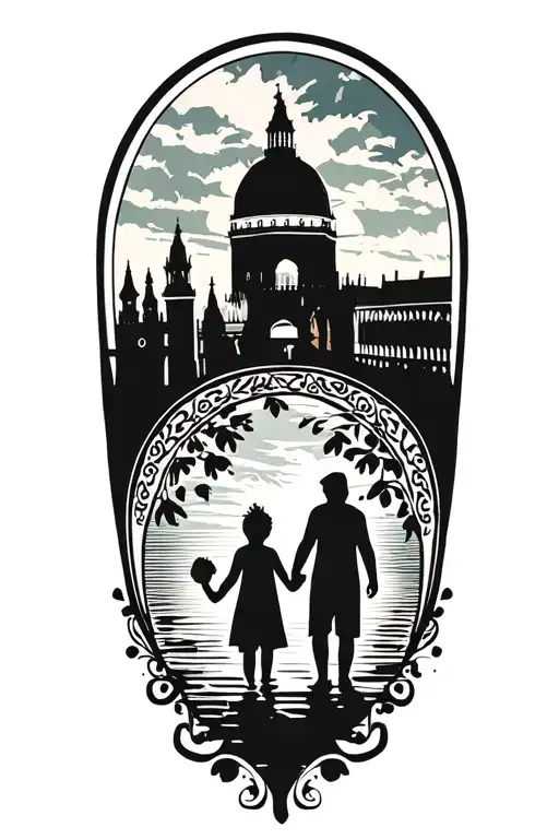 A silouette of a family (man and two kids) holding hands traveling through various iconic European cities like Venice tattoo design idea
