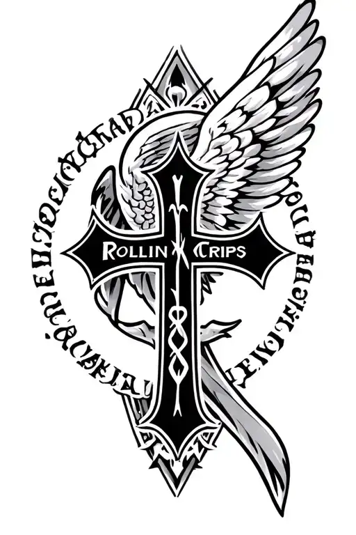wing cross tattoo with the name Rollin Crips tattoo design idea