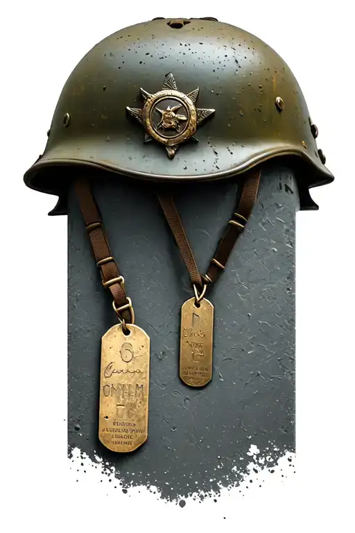 a world war 2 helmet with a tombstone and dog tags  tattoo design idea