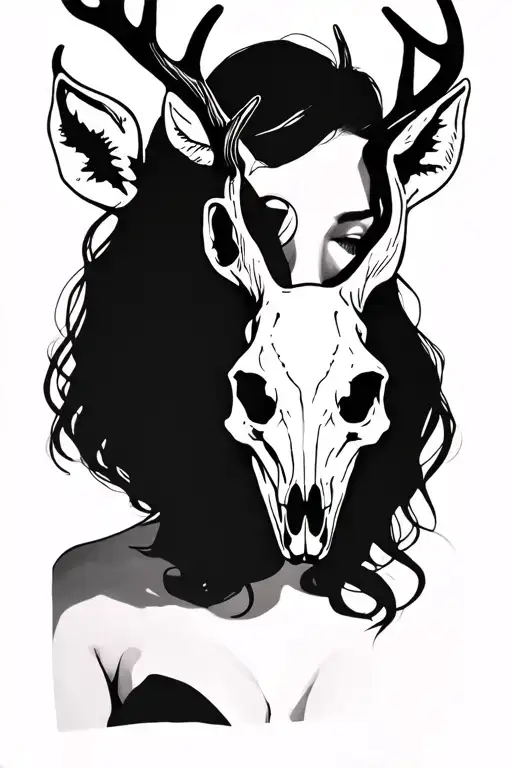 sexy woman with deer skull head tattoo design idea