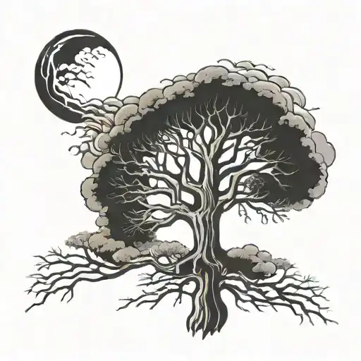 side of forearm with words saying My Mercy Prevails Over My Wrath with a moon trees with no leafs on them and some cloud tattoo design idea
