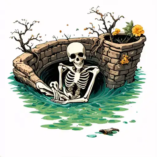 bird's eye view of a skeleton falling down a well tattoo design idea