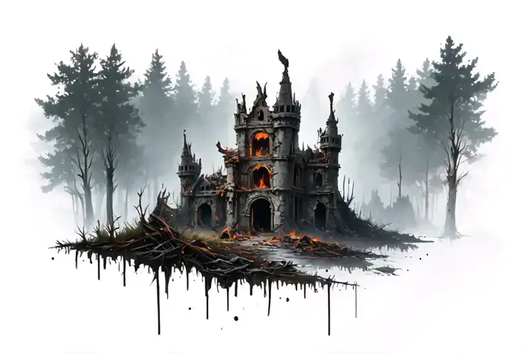 Gloomy ruined castle, forest, destroyed, burned tattoo design idea