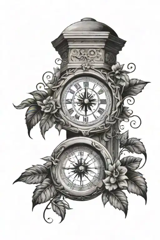 ancient roman classical arch monument with vines wrapping around the arch, and a compass. tattoo design idea