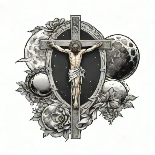 crucifix moon phases tattoo design idea
