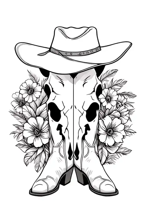 Cowboy boots, cowboy hat, flowers, cow skull, feathers,  tattoo design idea