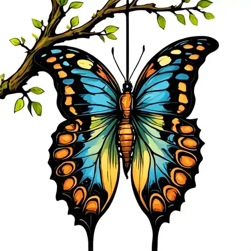 butterfly emerging from a chrysalis hanging from a tree branch tattoo design idea