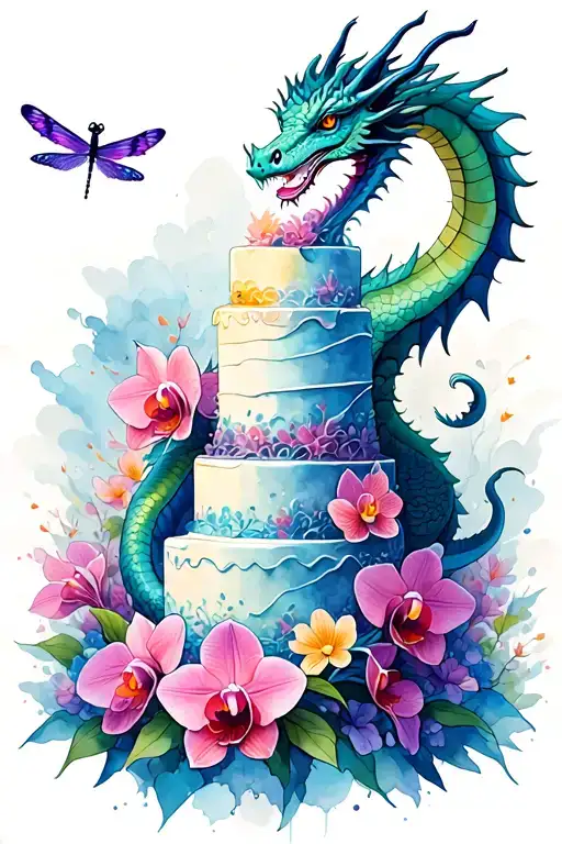 A dragon wrapped around a towering cake, with orchids and dragonflies flying around it tattoo design idea