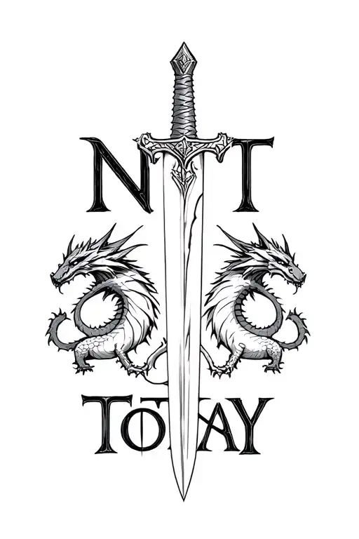 NOT TODAY inscription in the style of Game of Thrones letter O in the word NOT and letter D in the word TODAY crossed by a sword and 3 dragons nearby tattoo design idea