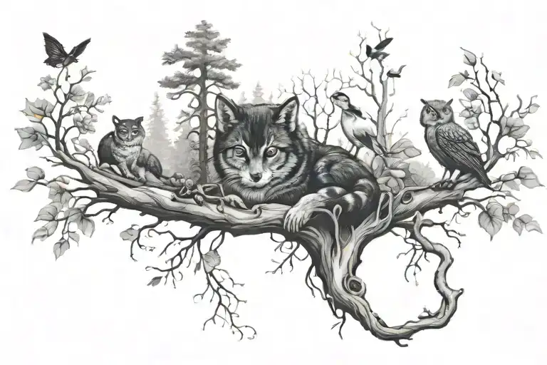 tattoo with cat, owl, snake, mushroom, wolf, birds, tree, tree branch all in a forest tattoo design idea