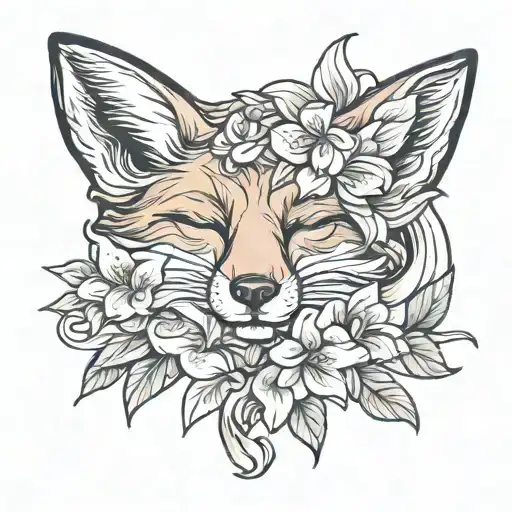 sleeping fox curled with lily flowers  tattoo design idea