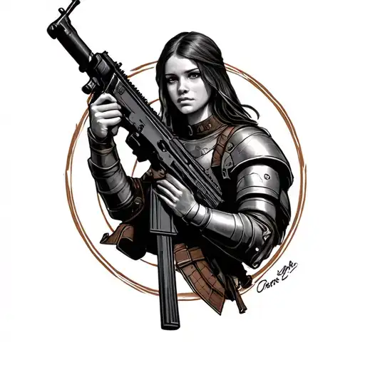 joan the arc holding an ar 15 rifle tattoo design idea