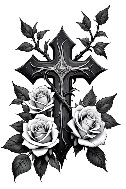thorn and roses cross tattoo design idea