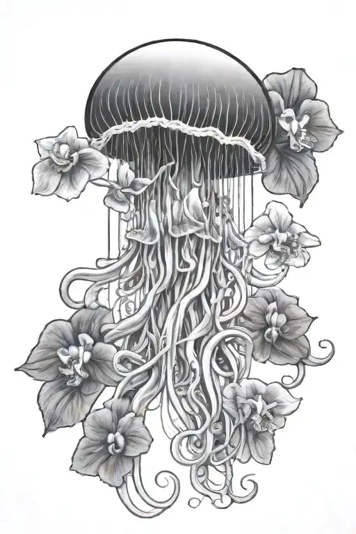 long jellyfish with orchids in its tentacles tattoo design idea