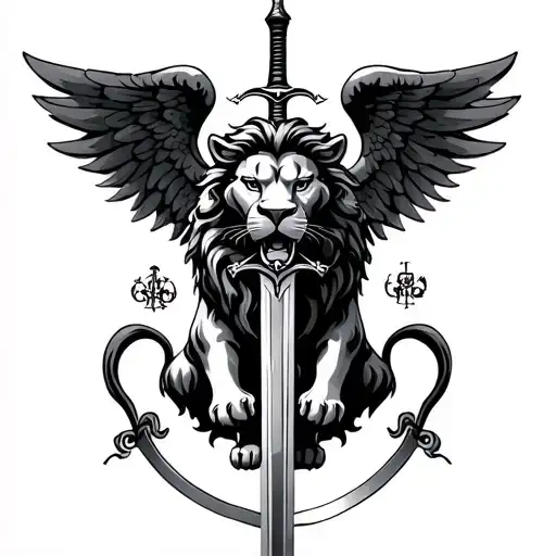 black scottish lion, angel wings with sword tattoo design idea