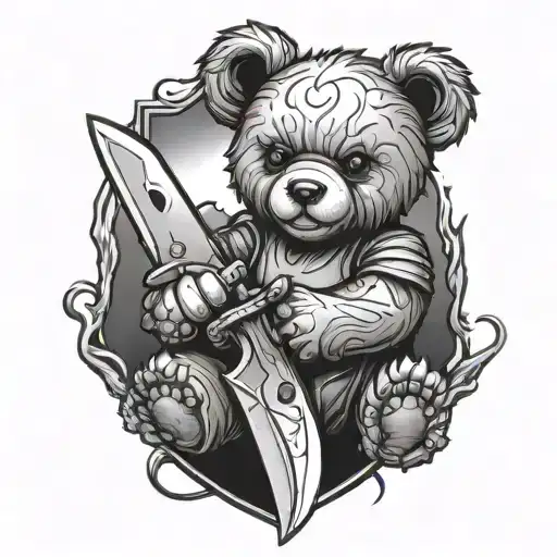 broken teddy bear holding a knife tattoo design idea