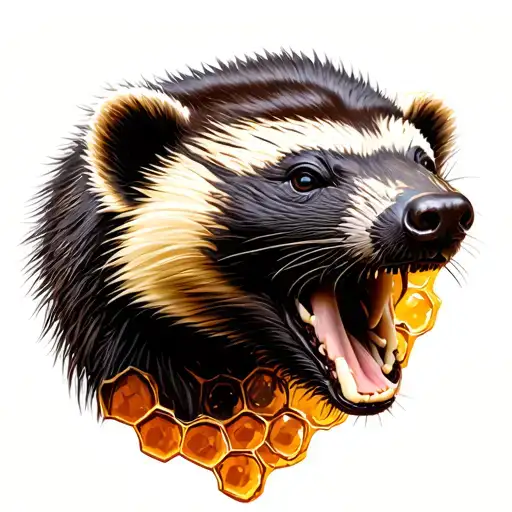 Head of an honey badger with mouth a little bit open on the background of honeycombs tattoo design idea