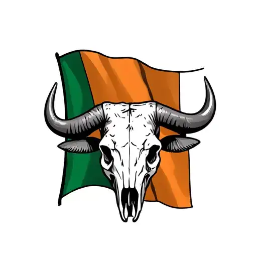 cape buffalo skull in front of irish flag incorporated tattoo design idea