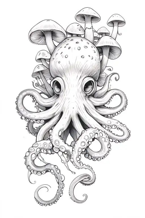 octopus with lots of mushrooms coming out of it's head tattoo design idea