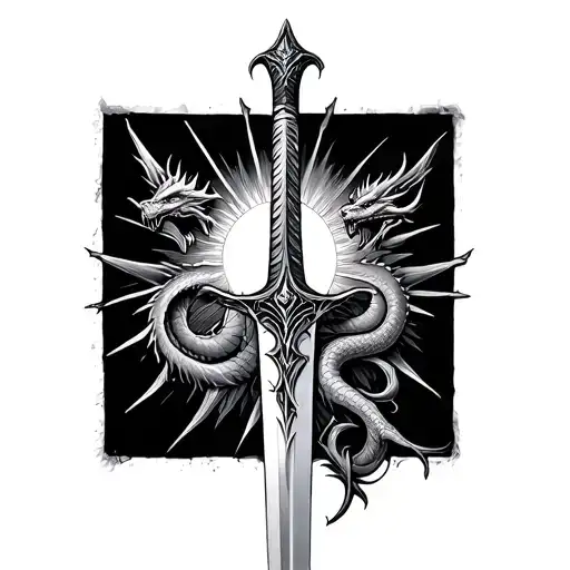 medieval sword with gothic hilt at the junction of the hilt I nailed it with a sun, and two dragons on the side tattoo design idea
