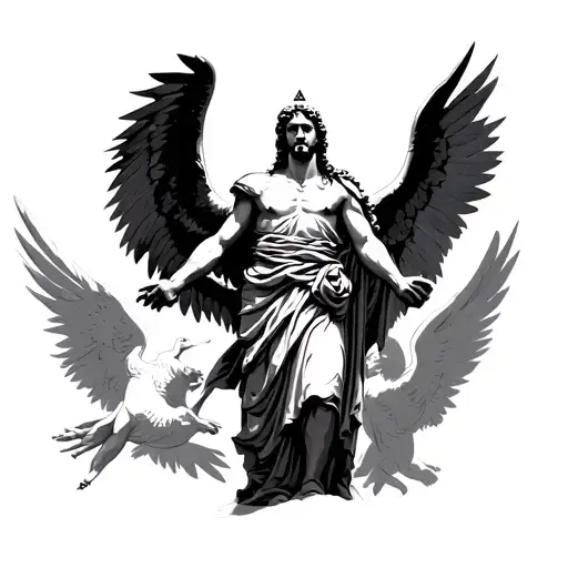 Greek warrior statue angels flying in from behind tattoo design idea