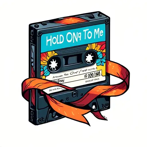Full color cassette tape with label thats says "Hold On To Me" with ling ribbon pulled out and twisted tattoo design idea