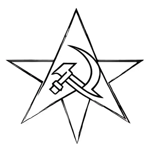 Hammer and Sickle emblem on top of a five pointed star. techno, geometrical, detailed, playful tattoo design idea