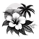hibiscus flower, cheetah print, palm tree, and sunset tattoo design idea