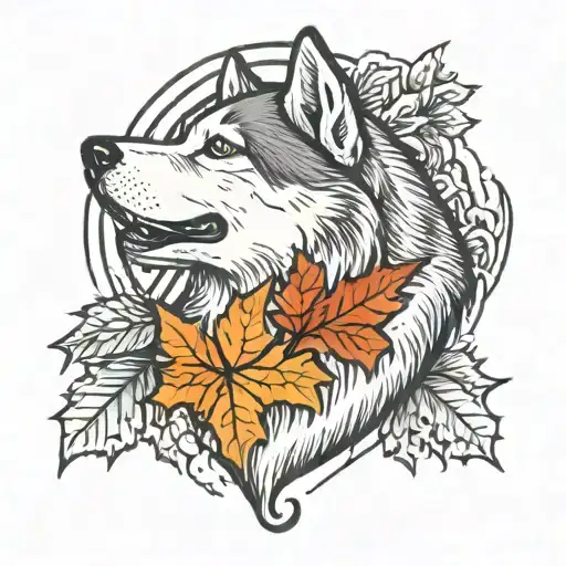 a traditional style tattoo of a husky head with autumn colored leaves and the northern lights tattoo design idea