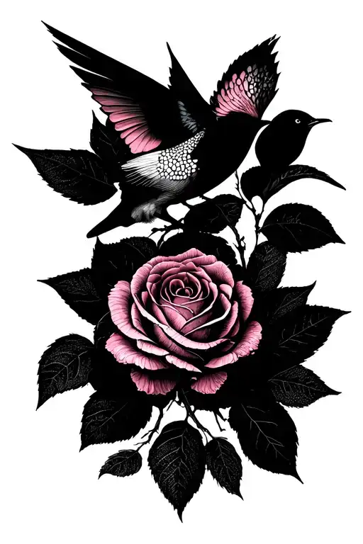 Magnolia Passiflore pink rose spine and birds tattoo design idea