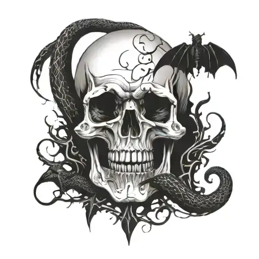 witchy snake wrapping around a skull surrounded by flying bats tattoo design idea