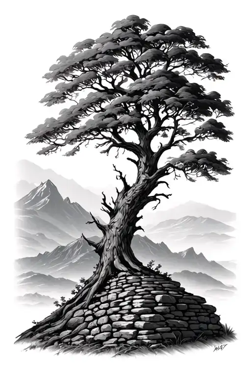 old Tree Stone wall Highlands Sun tattoo design idea