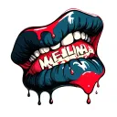 vampire bite marks with blood dripping. the blood drops spell out the word Melina tattoo design idea