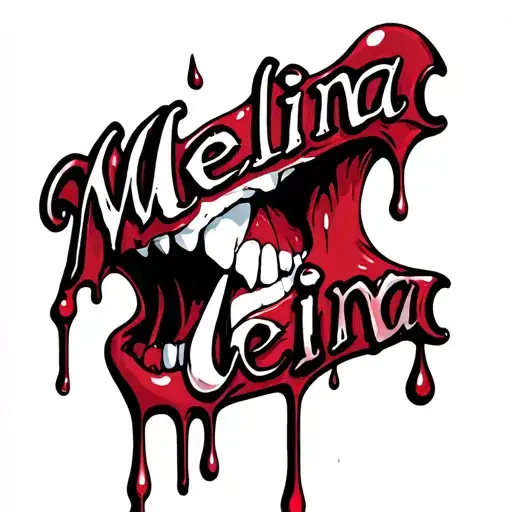 vampire bite marks with blood dripping. the blood drops spell out the word Melina tattoo design idea