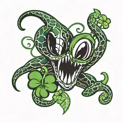 mini Venom with the symbols of good luck, four-leaf clover , and in the other a letter with the in tattoo design idea